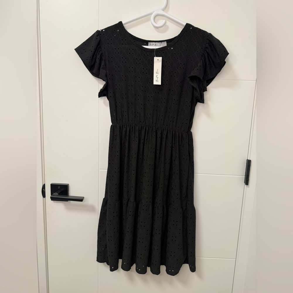 Black eyelet summer dress with fringe sleeves